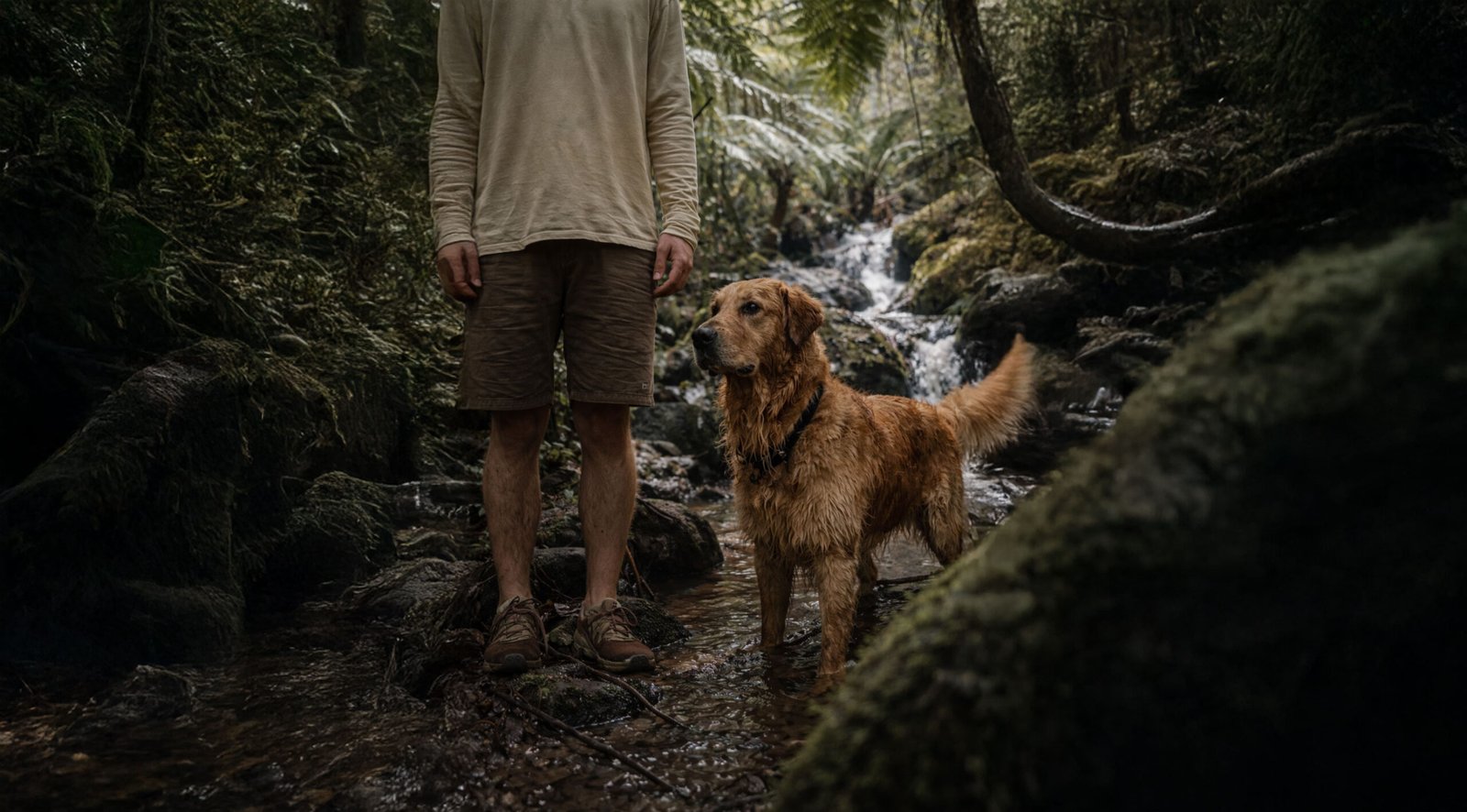 Benji and Sunny walking together through a forest on an Eden Quest adventure