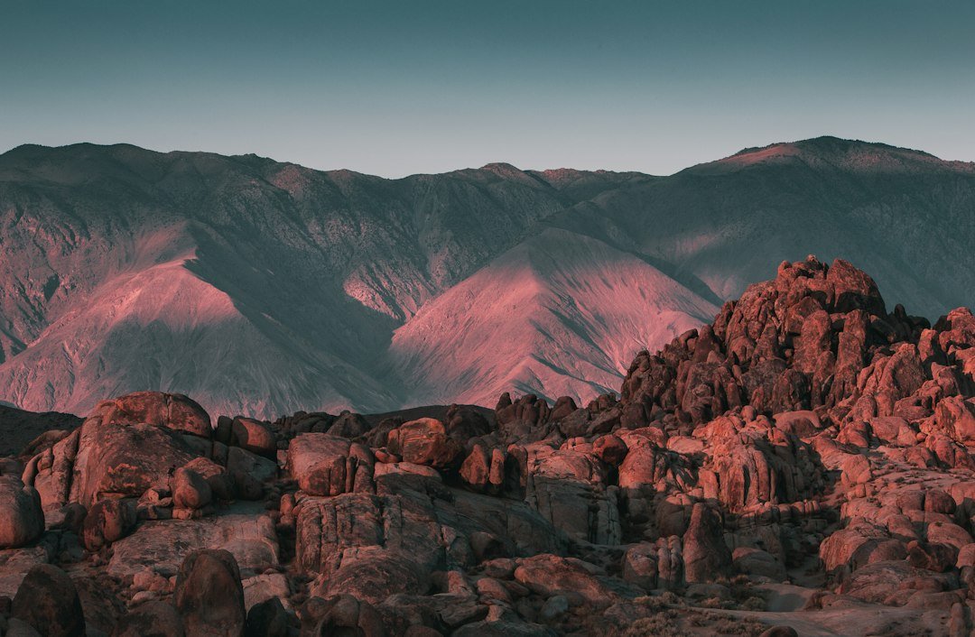 Rounded granite formations glowing at golden hour in Alabama Hills, California