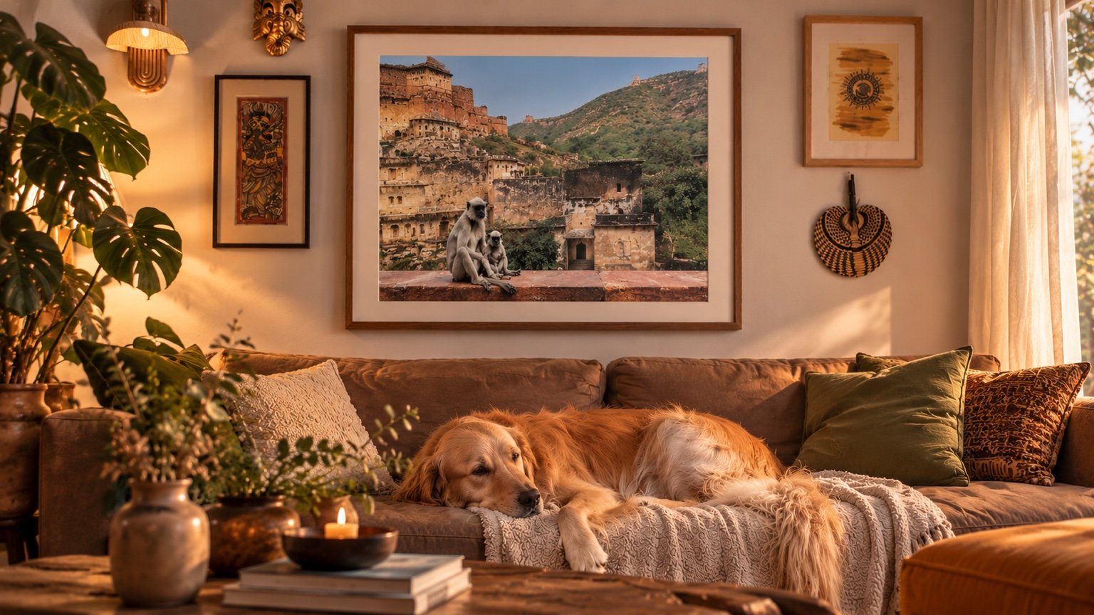 Warm living room with framed Rajasthan artwork and a golden retriever resting on the sofa