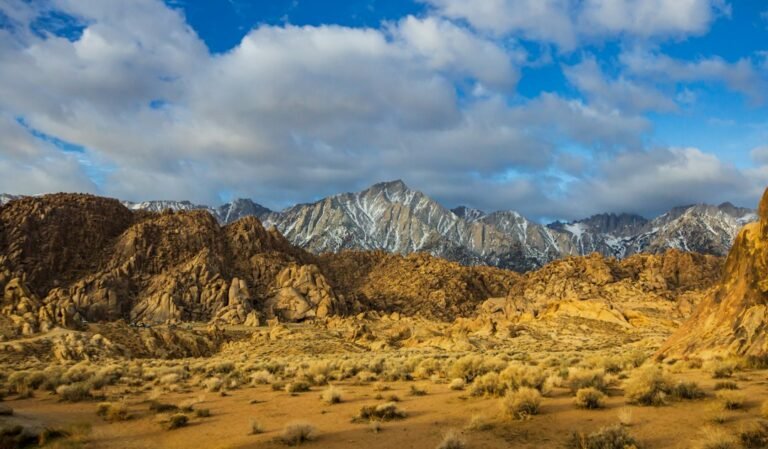 Alabama Hills boulders with Mount Whitney and the Sierra Nevada behind them