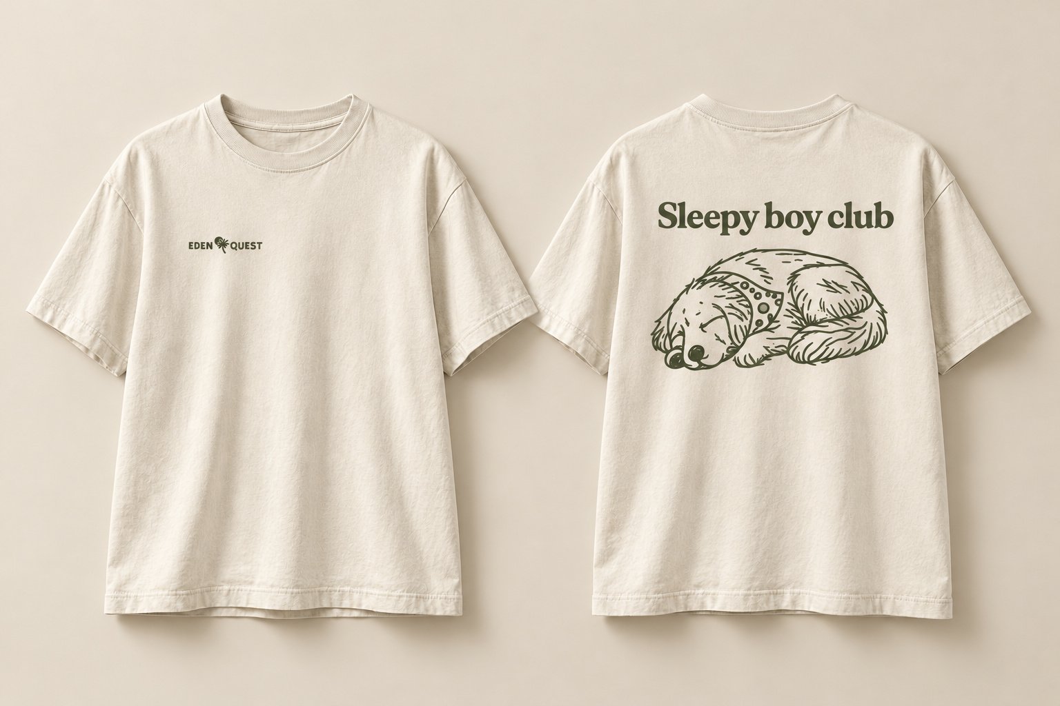 Sleepy Boy Club natural cotton tee with olive Eden Quest chest logo and sleeping retriever illustration