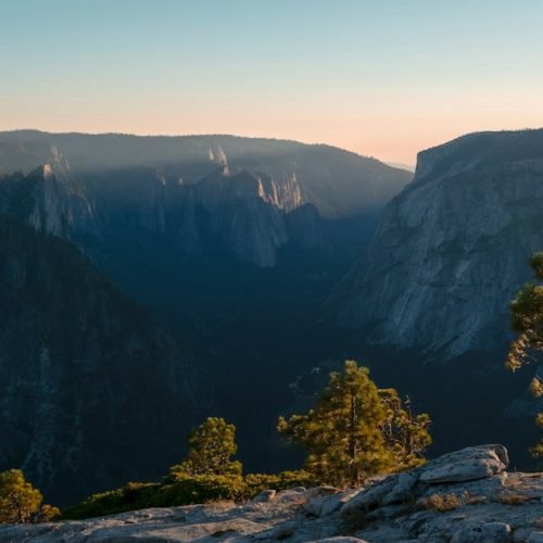 Sunlight falling across a California mountain valley and evergreen forest
