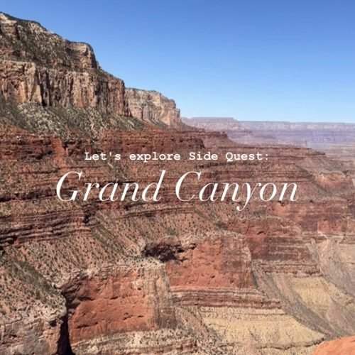 Layered Grand Canyon cliffs seen from a high overlook beneath a clear blue Arizona sky