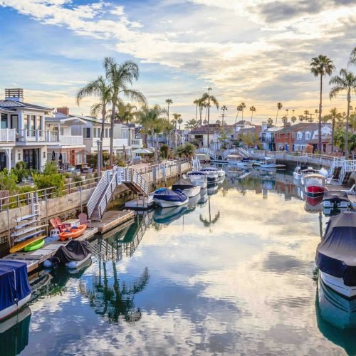 Boats on a palm-lined waterway